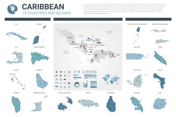 Vector maps set.  High detailed 19 maps of Caribbean countries with administrative division and cities. Political map, map of Caribbean region, world map, globe, infographic elements. Vector maps set.  High detailed 19 maps of Caribbean countries with administrative division and cities. Political map, map of Caribbean region, world map, globe, infographic elements. french overseas territory stock illustrations