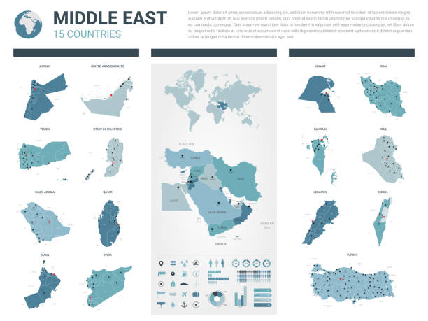 벡터 지도 설정 합니다.  행정 부서 및 도시와 중동 국가의 높은 상세한 15 지도. 정치 지도, 중동 지역의 지도, 세계 지도, 지구본, 인포 그래픽 요소. - iran stock illustrations
