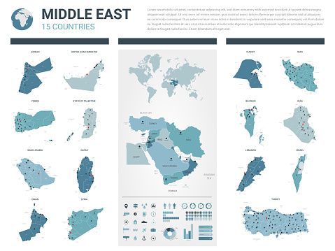 Vector maps set.  High detailed 15 maps of Middle East  countries with administrative division and cities. Political map, map of  Middle East region, world map, globe, infographic elements.