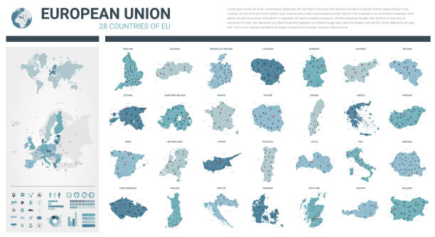 벡터 지도 설정 합니다.  행정 분과 도시로 유럽 연합 국가 (회원국)의 높은 상세한 28 지도. 정치 지도, 유럽의 지도, 세계 지도, 지구본, 인포 그래픽 요소. - portugal stock illustrations