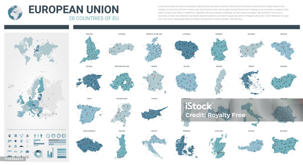Vector kaarten SET.  Hoge gedetailleerde 28 kaarten van de landen van de Europese Unie (lidstaten) met administratieve afdeling en steden. Politieke kaart, kaart van Europa, wereldkaart, Globe, infographic Elements. - Royalty-free Kaart vectorkunst