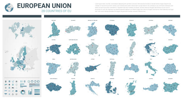 stockillustraties, clipart, cartoons en iconen met vector kaarten set.  hoge gedetailleerde 28 kaarten van de landen van de europese unie (lidstaten) met administratieve afdeling en steden. politieke kaart, kaart van europa, wereldkaart, globe, infographic elements. - oostenrijk