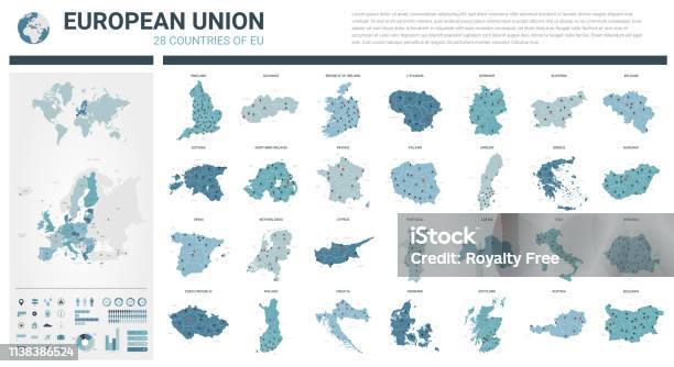 Zestaw Map Wektorowych Wysokie Szczegółowe 28 Map Krajów Unii Europejskiej Z Podziałem Administracyjnym I Miastami Mapa Polityczna Mapa Europy Mapa Świata Kula Ziemska Elementy Infografiki - Stockowe grafiki wektorowe i więcej obrazów Mapa