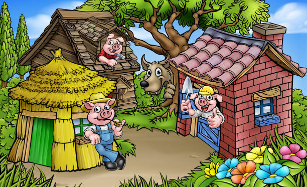 Fairytale The Three Little Pigs Cartoon Scene A cartoon scene from the three little pigs childrens fairytale story. The 3 pig characters with their straw, wood and brick houses and the big bad wolf peeking from behind a tree. farm cartoon animal child stock illustrations