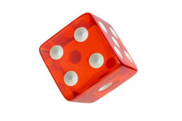 istock Red glass dice closeup isolated on white without shadow. Four, one, five. 1138389332
