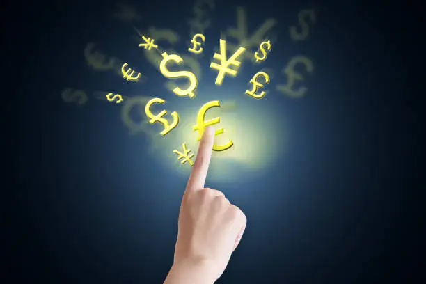 A close-up of a merchant's finger-pointing icon of money floating in the air