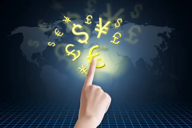 A close-up of a merchant's finger-pointing icon of money floating in the air