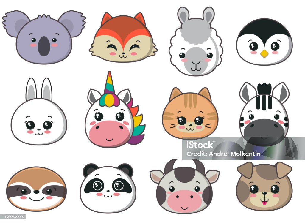 Vector collection of cute animal faces, big icon set for baby design Vector collection of cute animal faces koala, cow, bunny, penguin, unicorn. Big icon set for baby design Animal Head stock vector