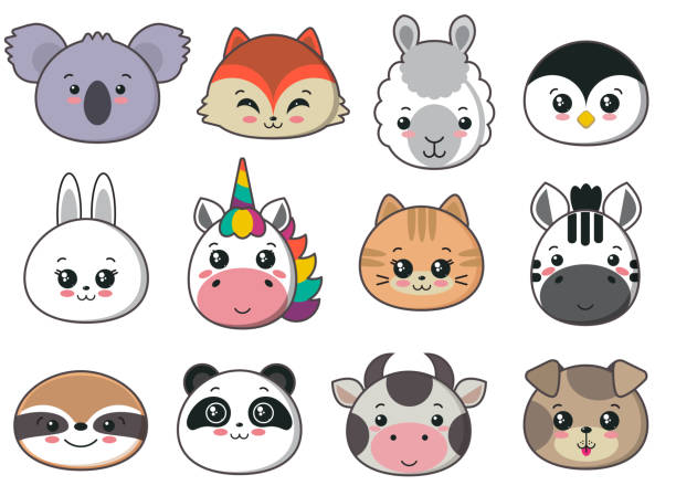 Vector collection of cute animal faces, big icon set for baby design Vector collection of cute animal faces koala, cow, bunny, penguin, unicorn. Big icon set for baby design unicorn face stock illustrations