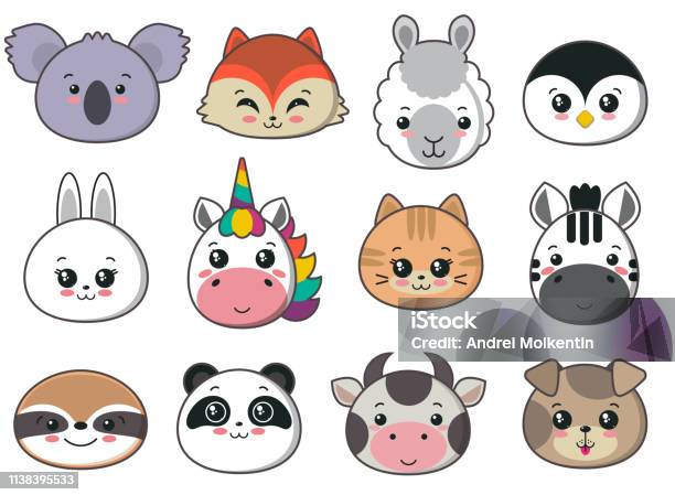 Vector Collection Of Cute Animal Faces Big Icon Set For Baby Design Stock Illustration - Download Image Now