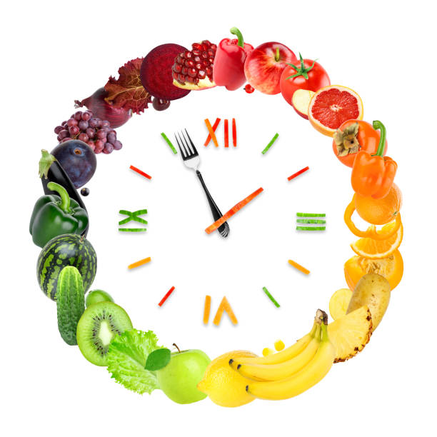 istock Food clock with fresh fruits and vegetables 1138397454
