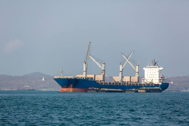 Aerial view of cargo ship in transit.