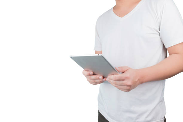 istock Asian young men are standing holding a digital tablet.lifestyle concept isolate on white background,clipping path 1138398834