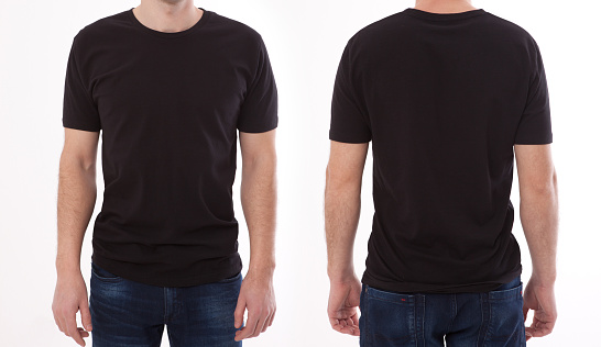 Diseño de la camisa y el concepto de la gente-cerca de hombre joven en blanco camiseta negro delantero y trasero aislado. Plantilla de Mock up para impresión de diseño photo