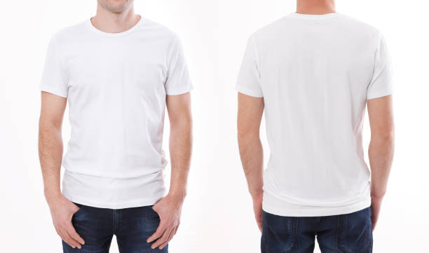 t-shirt-design und leute konzept-nahaufnahme des jungen mannes in blankem weißem t-shirt, hemd vorne und hinten isoliert. - i t stock-fotos und bilder