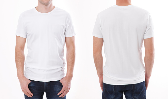 diseño de la camiseta y el concepto de la gente-cerca de hombre joven en blanco camiseta blanca, camisa delantera y trasera aislada. photo