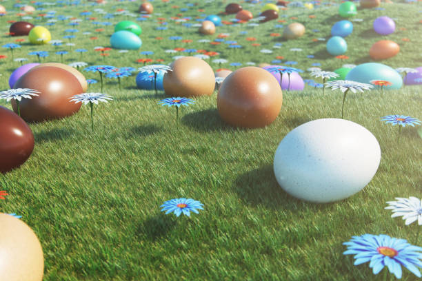 istock Colorful eggs in a meadow on a sunny day, with beautiful flowers. Multicolored painted easter eggs on grass, lawn. Concept easter eggs hunt in sunday. Easter symbol holiday in April, 3D illustration 1138402703