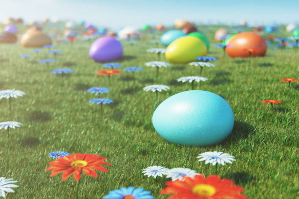 istock Colorful eggs in a meadow on a sunny day, with beautiful flowers. Multicolored painted easter eggs on grass, lawn. Concept easter eggs hunt in sunday. Easter symbol holiday in April, 3D illustration 1138403444