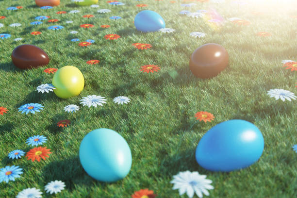 istock Colorful eggs in a meadow on a sunny day, with beautiful flowers. Multicolored painted easter eggs on grass, lawn. Concept easter eggs hunt in sunday. Easter symbol holiday in April, 3D illustration 1138403536