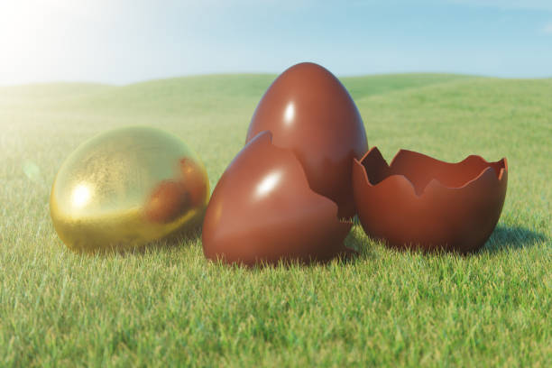 istock Gold and chocolate eggs in a meadow on a sunny day against the blue sky. Easter eggs on grass, lawn. Concept easter eggs hunt in sunday. Easter symbol holiday in April. 3D illustration 1138403609