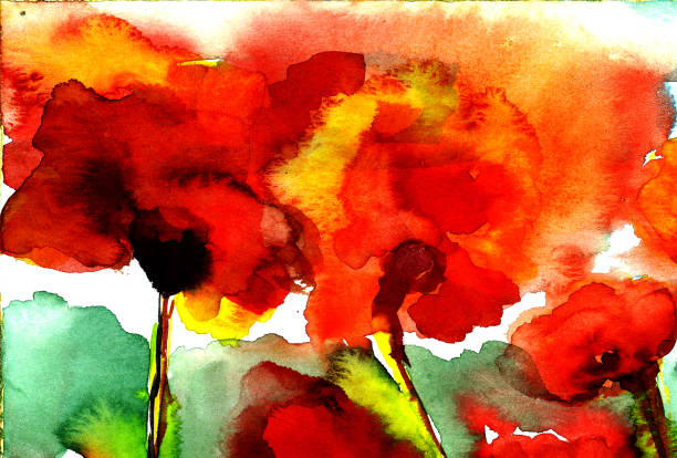 istock Hand drawn watercolor illustration abstract background leaves grass poppies 1138404338