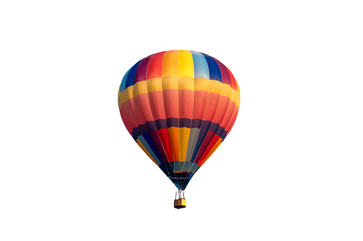 Colorful hot air balloon flying on white background