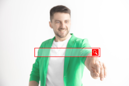 Businessman finger touching empty search bar, modern business background concept - can be used for insert text or pictures.