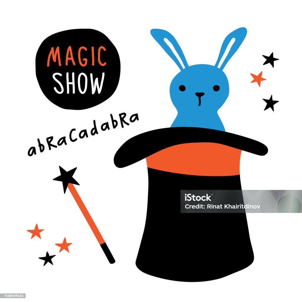 Magic show banner. Rabbit, magician equipment, top hat, magic wand, illusionist performance. Funny doodle hand drawn vector illustration. Isolated on white. Magic Show stock vector