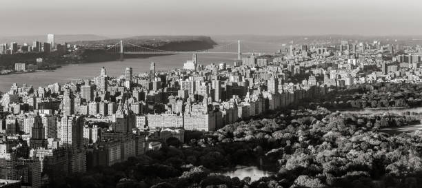 istock Panoramic aerial view of Central Park, Upper West Side with Hudson River in Black & White. Manhattan, New York CIty, USA 1138411096