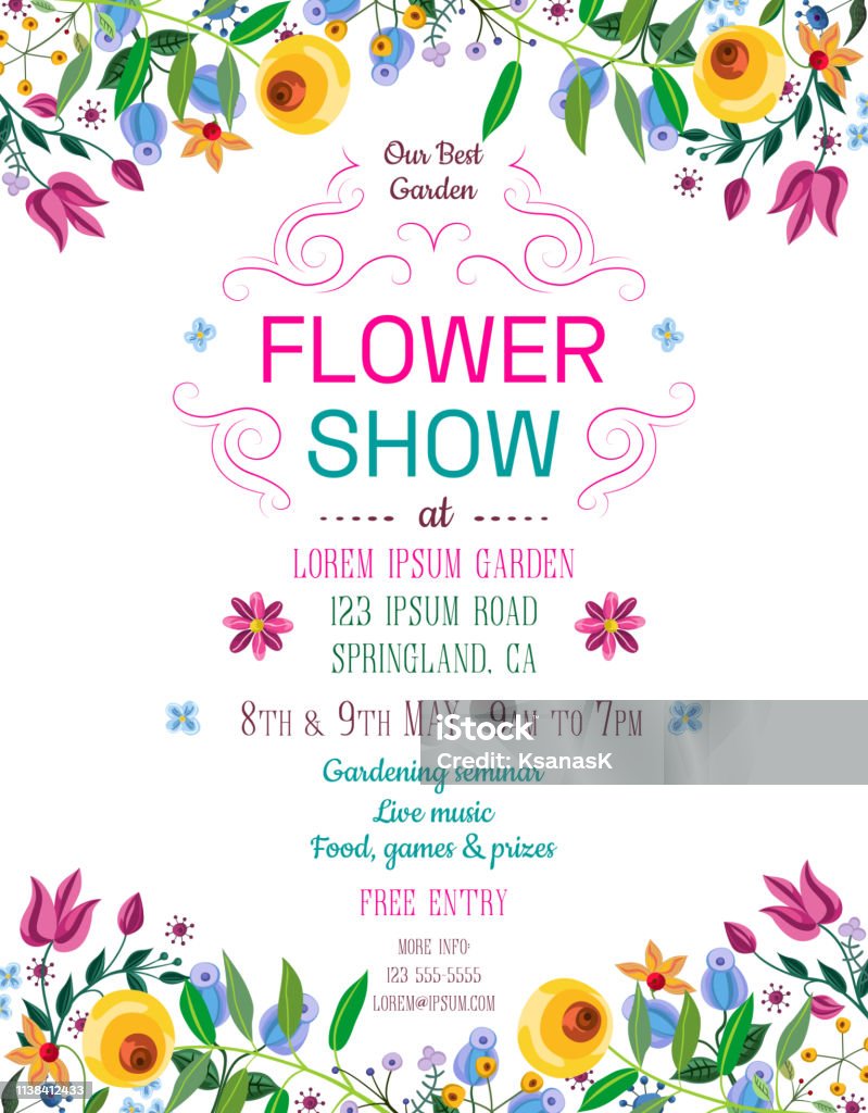 Flower show announcing poster template. Text customized for invitation to event. Garden party layout with fancy flowers in folk painting style. Vector illustration. Flower stock vector