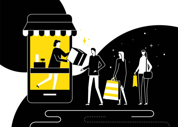 Shopping online concept - flat design style illustration Shopping online concept - flat design style illustration. Black, yellow and white composition with pick up point, people standing in a line, a shop assistant distributing orders, big smartphone Sunblind stock illustrations