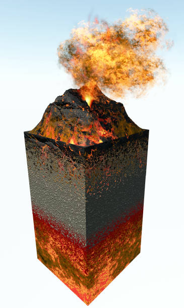 sezione di un vulcano, schema strutturale e sezione del terreno - volcano exploding smoke erupting foto e immagini stock