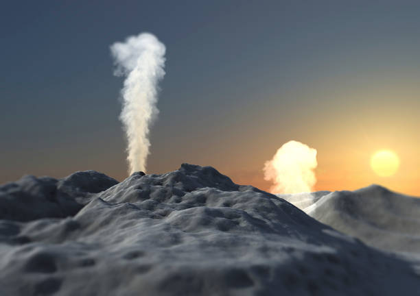 big volcano blast eruption with huge smoke column and flames on blue sky background, problems of eruption and volcanic ash concept - 3D illustration of nature