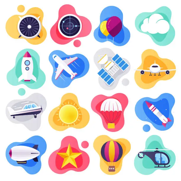 Vector illustration of Commercial Airline Travel Flat Liquid Style Vector Icon Set