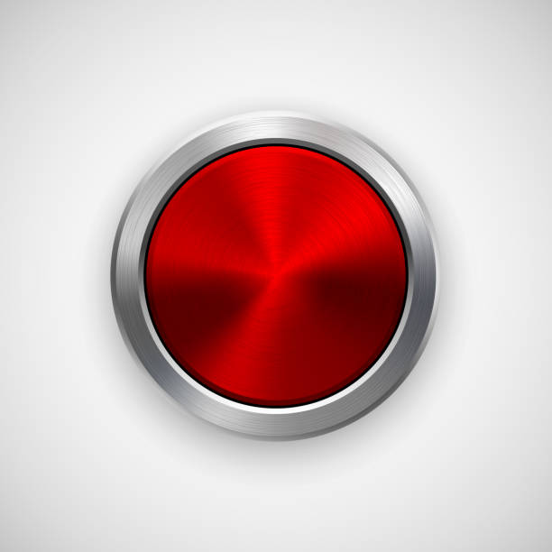 Red Circle Badge With Metal Polished Texture Red technology circle badge, abstract geometric perforated button template with metal texture, chrome, silver, steel, bronze and realistic shadow for logo, design, web, apps. Vector illustration. metallic red chrome pattern stock illustrations
