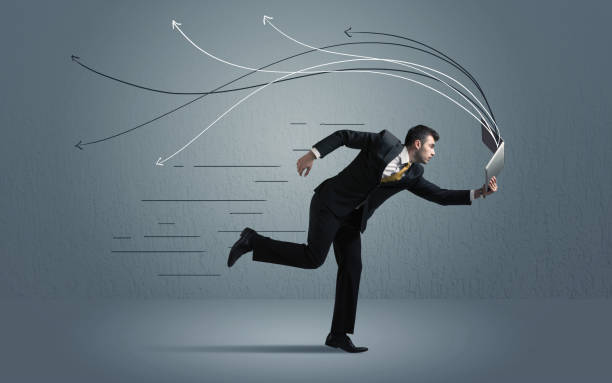 istock Running businessman with device and hand drawn lines 1138422542