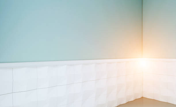 istock Empty bathroom interior with blue walls and white tiles. 3D rendering. Mockup. Sunset 1138425161