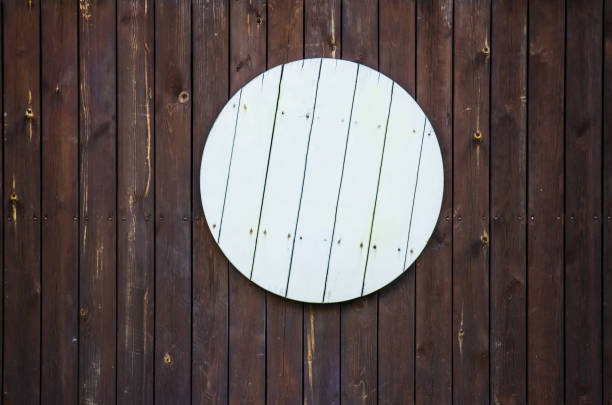 istock White round wooden board on brown wood paneling 1138425204