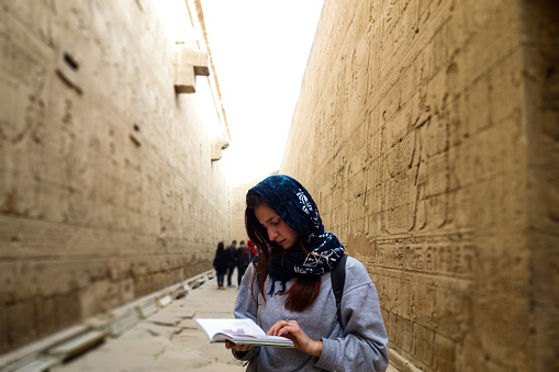 Women inside of Edfu Temple, Egypt, edfu, entrance, travelling, tourist, archaeologist