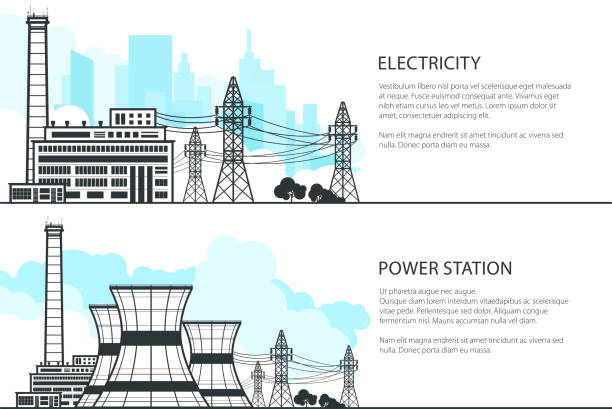 Set of Banners with Electric Power Transmission Set of Banners with Electric Power Transmission, Nuclear Reactor and Power Lines, Vector Illustration electricity silhouettes stock illustrations