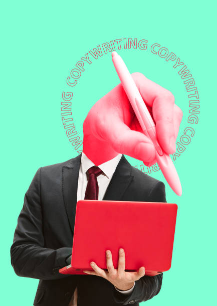 Three hands for catching idea. Modern design. Three hands for catching idea - copywriter must pick words. A man in suit is standing with laptop. His head is big hand with a pencil against mint background. Modern design. Contemporary art collage. copywriter photos stock pictures, royalty-free photos & images