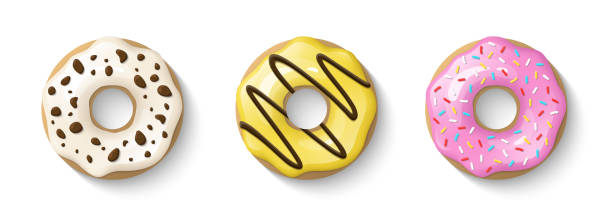 istock Donuts set isolated on a white background. Cute, colorful and glossy donuts with glaze and powder. Yellow, pink and vanilla glaze. Simple modern design. Realistic vector illustration. 1138438200