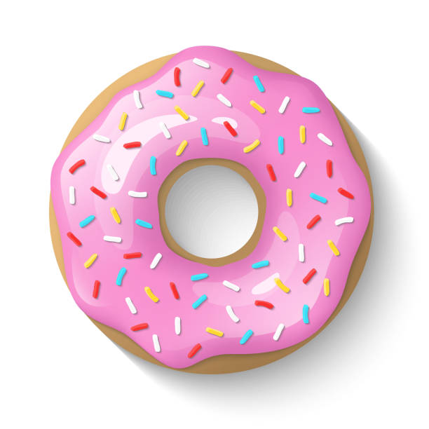 пончик изолирован на белом фоне. симпатичные, красочные и глянцевые пончики с розовой глазурью и разноцветным порошком. простой современны - donut shape stock illustrations