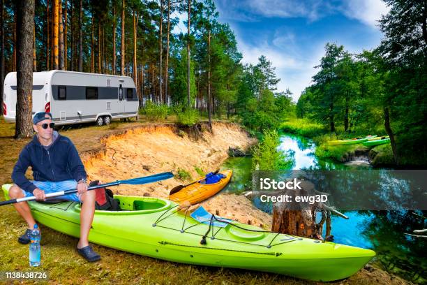 Summer Holiday With A Canoe In Poland Stock Photo - Download Image Now - Adults Only, Camper Trailer, Camping