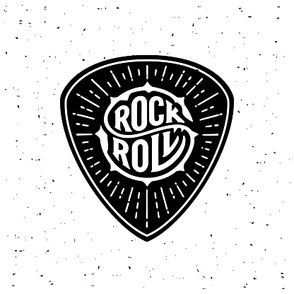 Rock and Roll sign. Slogan graphic for t shirt. Poster with plectrum, starburst. Vector illustration