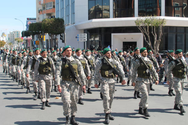 Limassol, Cyprus, March 25th, 2019: Members of the Special Forces marching along the Archbishop Makarios III Avenue during the Greek Independence Day parade