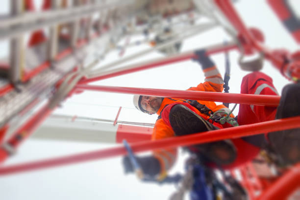 Antenna, climbing, hooks, rope access, red, industrial climber, Wireless tech.