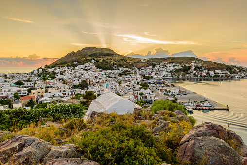 Beautiful sunset view of Skala village in Patmos island, Dodecanese, Greece