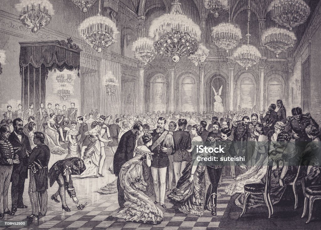 The Court Ball at the German Emperor in Berlin - Illustration from 1884 history, vintage, illustration, retro style, 19th Century Style, old, vintage, dancing Ballroom stock illustration