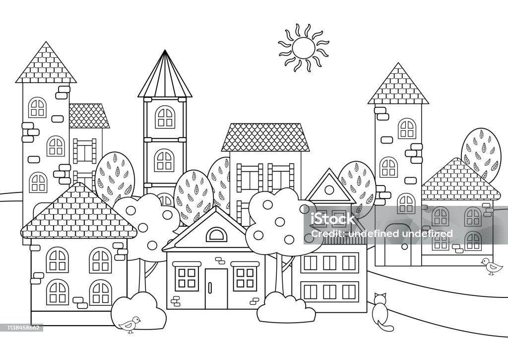 Vector landscape with houses for coloring book Vector landscape with houses and turrets for coloring book Coloring stock vector